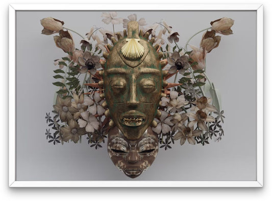 A 3D digital art piece featuring an African mask stacked on top of the subject's head surrounded by a floral arrangement